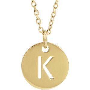 14k Yellow Gold Initial K, Small 10mm Pierced Disc Necklace, 16-18 In.